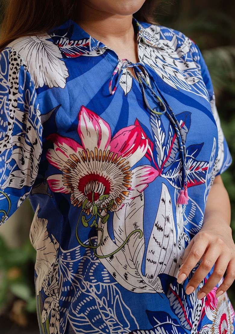 Blue Floral Printed Shirt Collar Short Sleeves Top With Trouser - Indya