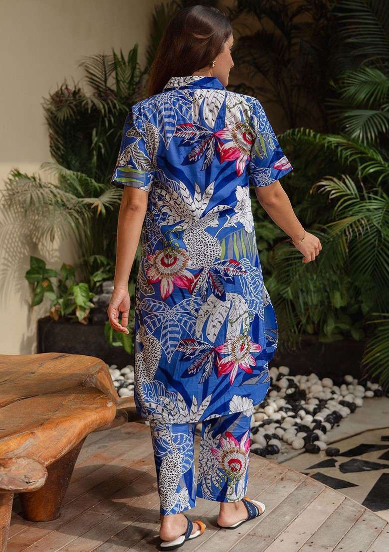 Blue Floral Printed Shirt Collar Short Sleeves Top With Trouser - Indya