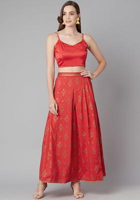 Red Women Red Crop Top With Skirt