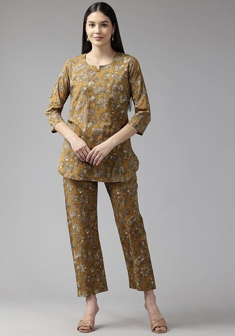 Mustard Floral Printed Pure Cotton Coords