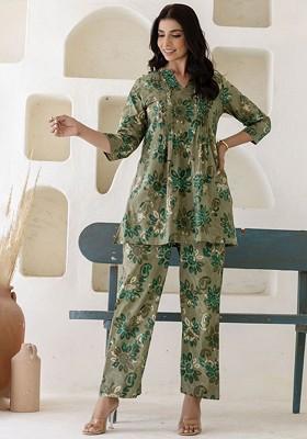 Green Printed Pure Cotton Pintucks Tunic With Trouser