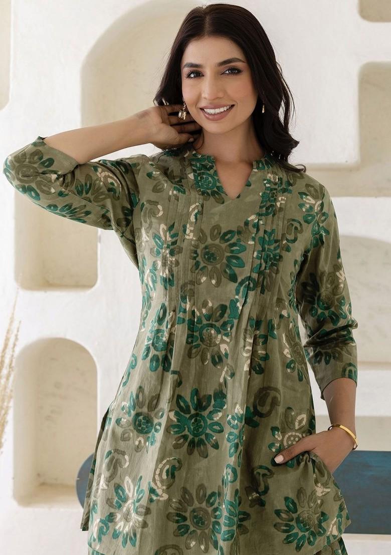 Green Printed Pure Cotton Pintucks Tunic With Trouser - Indya