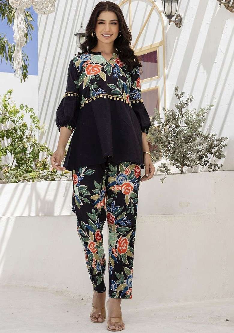 Black Printed Pure Cotton Top With Trousers Coords - Indya