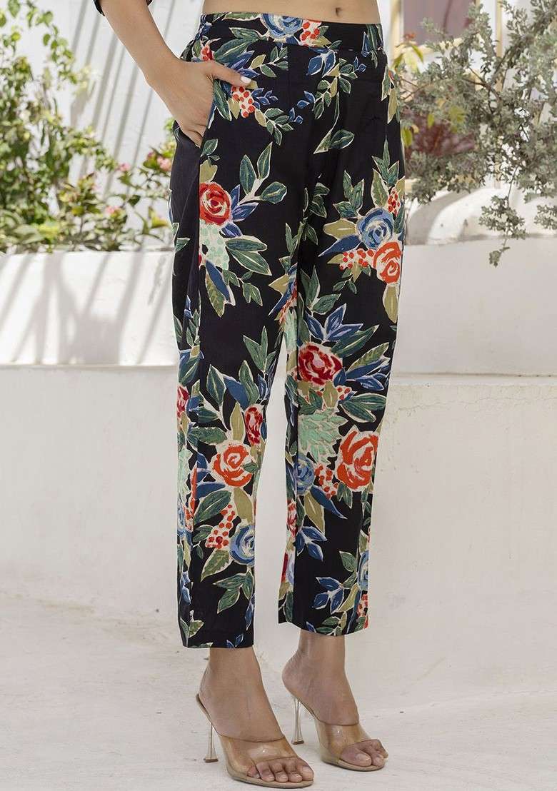Black Printed Pure Cotton Top With Trousers Coords - Indya