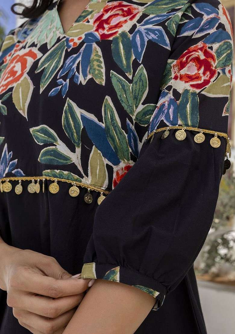 Black Printed Pure Cotton Top With Trousers Coords - Indya