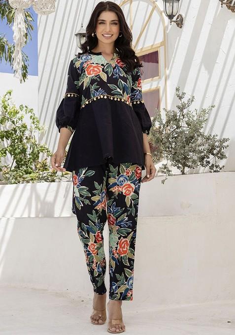 Black Printed Pure Cotton Top With Trousers Coords