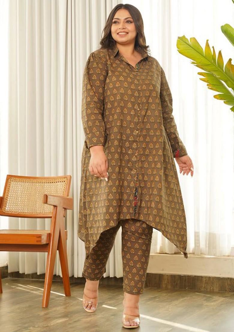 Brown Hilo Printed Pure Cotton Shirt And Trousers - Indya