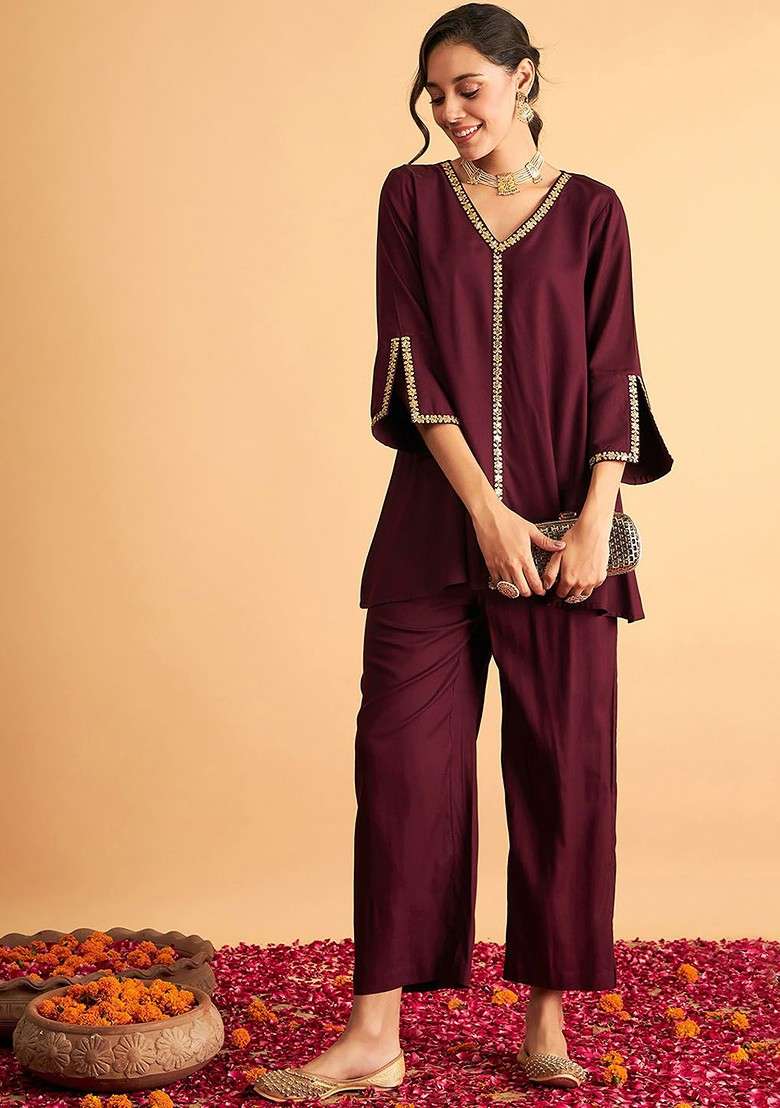 Burgundy Embroidered Top With Trousers - Indya