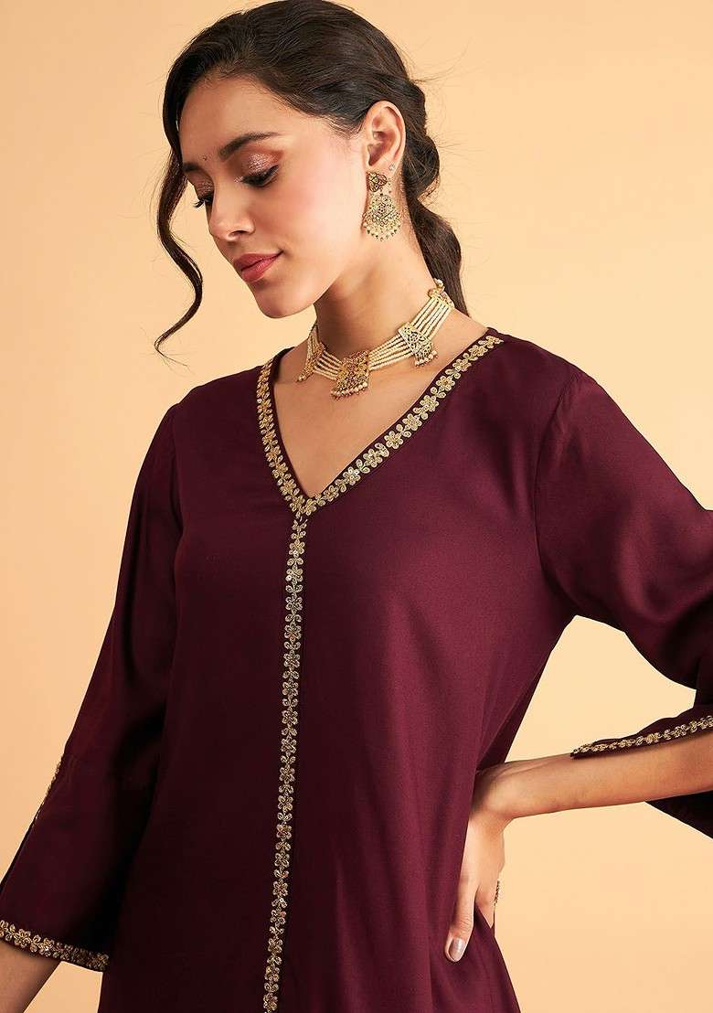 Burgundy Embroidered Top With Trousers - Indya