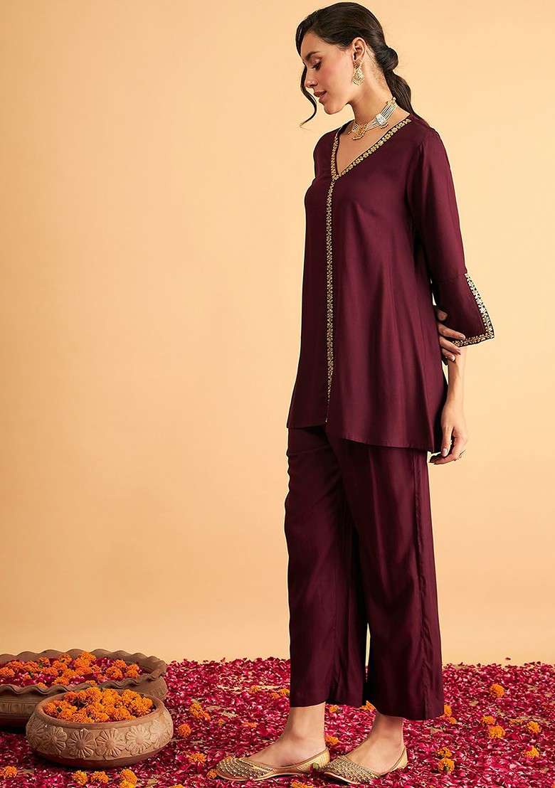Burgundy Embroidered Top With Trousers - Indya