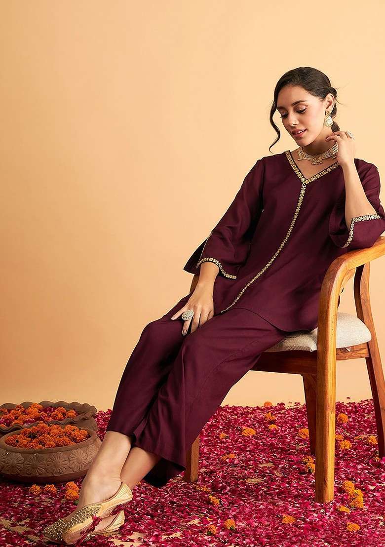 Burgundy Embroidered Top With Trousers - Indya