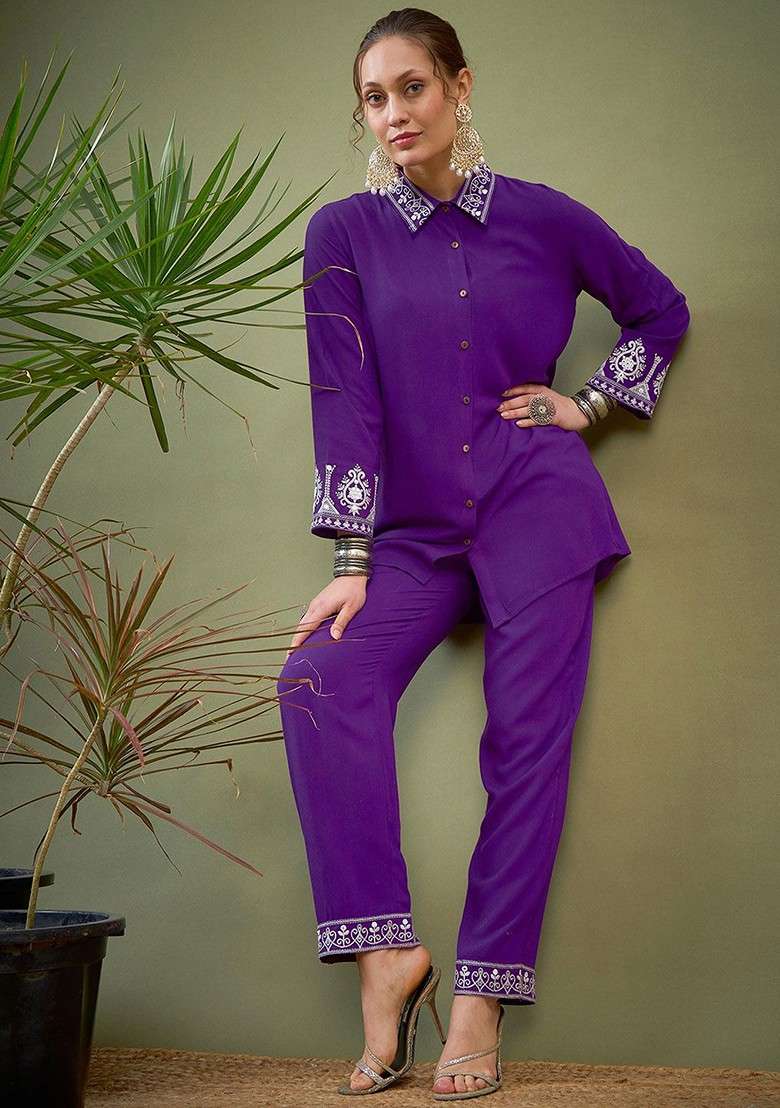 Purple Purple Embroidered Shirt With Palazzos Coords - Indya