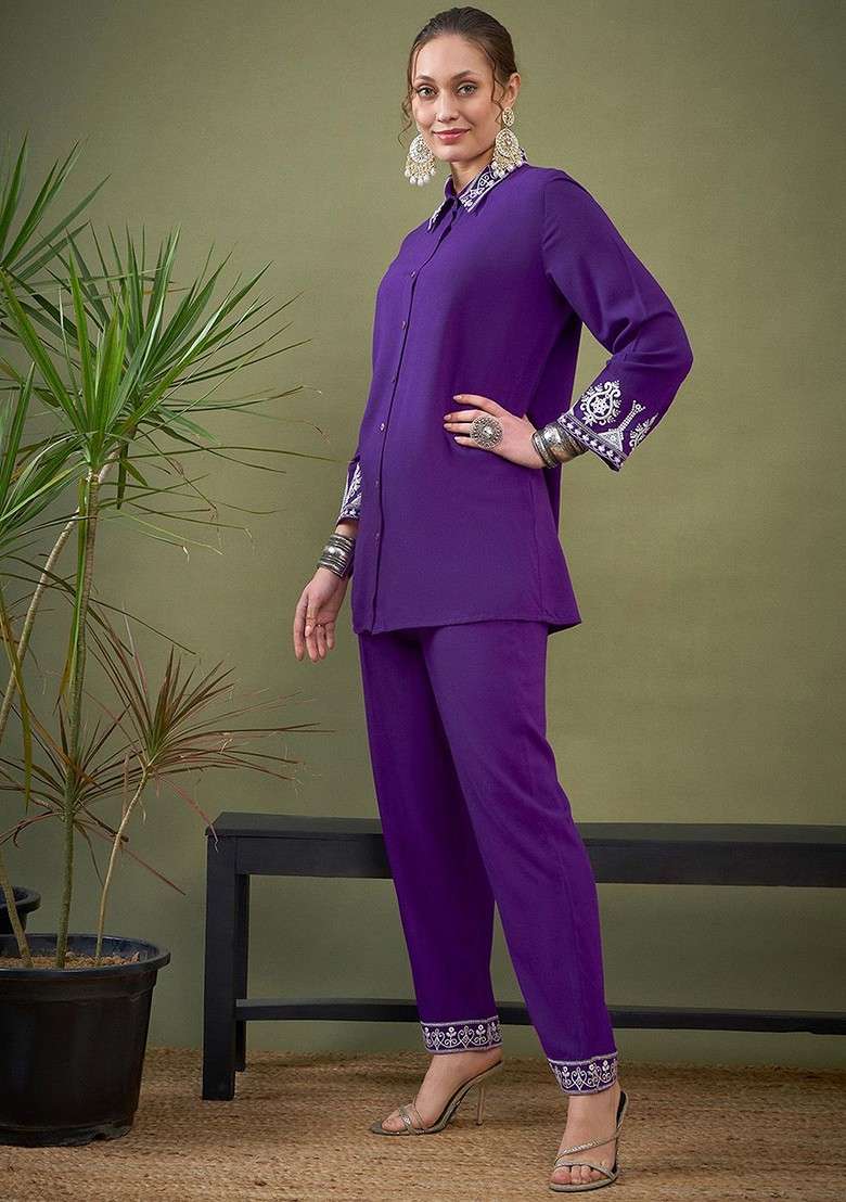Purple Purple Embroidered Shirt With Palazzos Coords - Indya