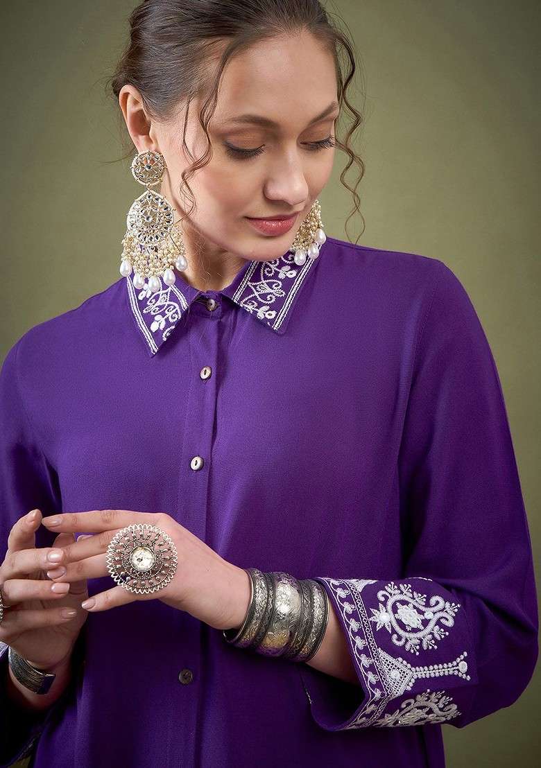 Purple Purple Embroidered Shirt With Palazzos Coords - Indya