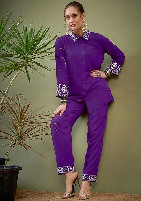 Purple Purple Embroidered Shirt With Palazzos Coords