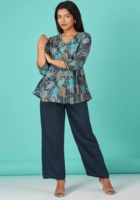 Teal Floral Printed Vneck Peplum Tunic With Trousers
