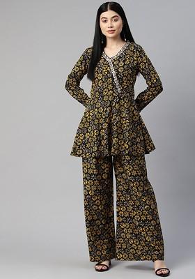 Yellow Women Printed Embellished Top With Palazzos