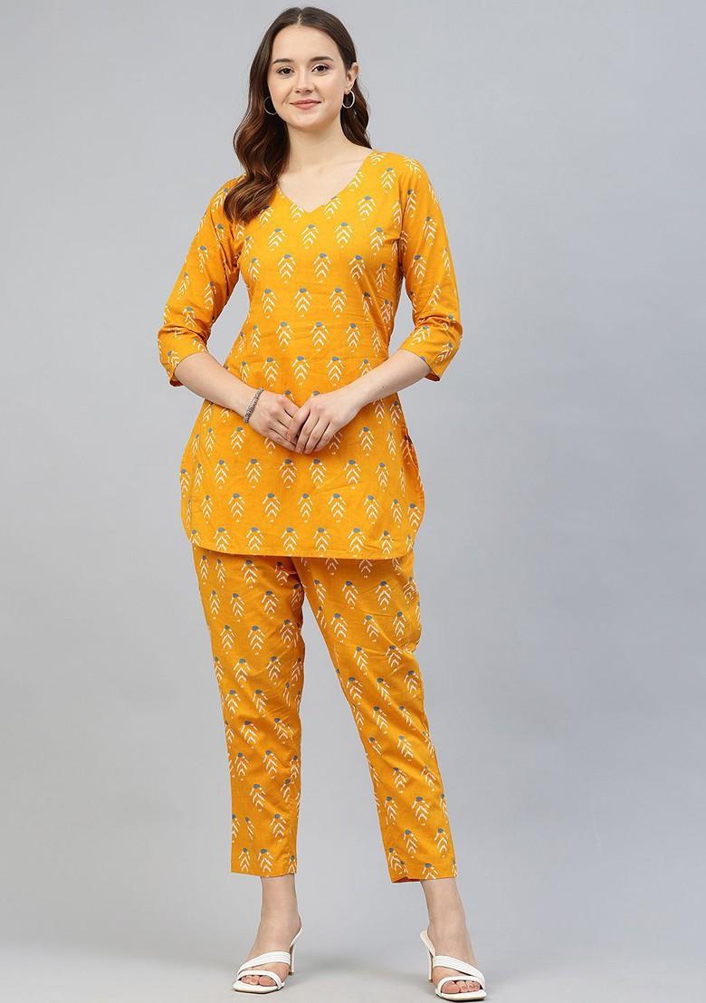 Yellow The Lifestyle Co Printed Pure Cotton V Neck Tunic And Trouser Coords