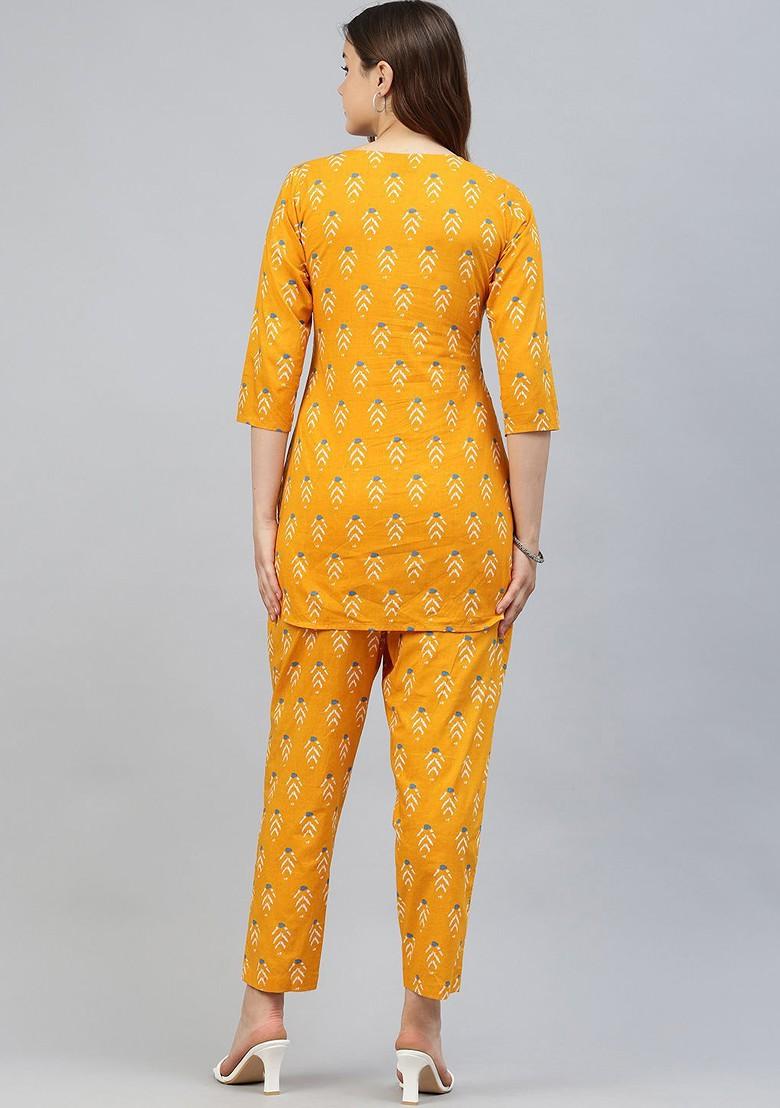 Yellow The Lifestyle Co Printed Pure Cotton V Neck Tunic And Trouser Coords