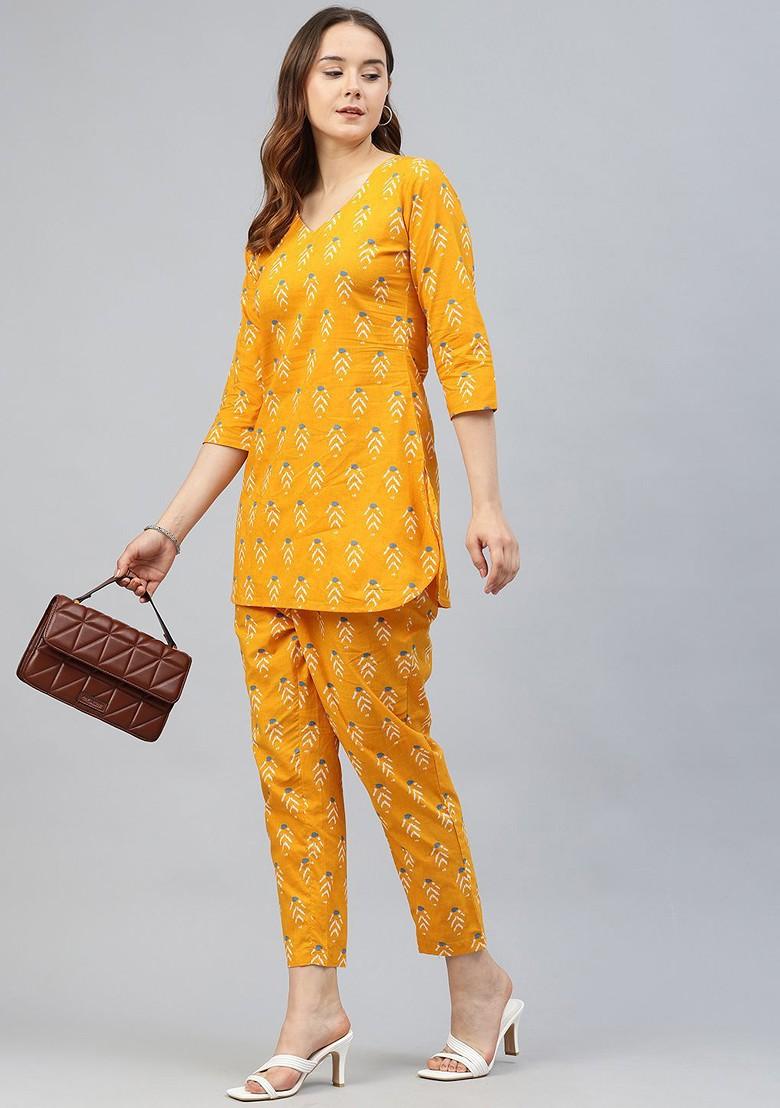Yellow The Lifestyle Co Printed Pure Cotton V Neck Tunic And Trouser Coords