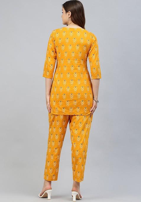 Yellow The Lifestyle Co Printed Pure Cotton V Neck Tunic And Trouser Coords