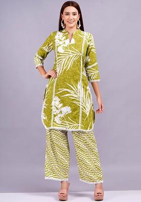 Green Floral Printed Mandarin Collar Threequarter Sleeves Pure Cotton Top And Palazzo