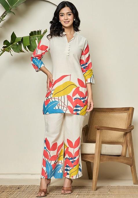 Off White Floral Printed Mandarin Collar Tunic With Trouser