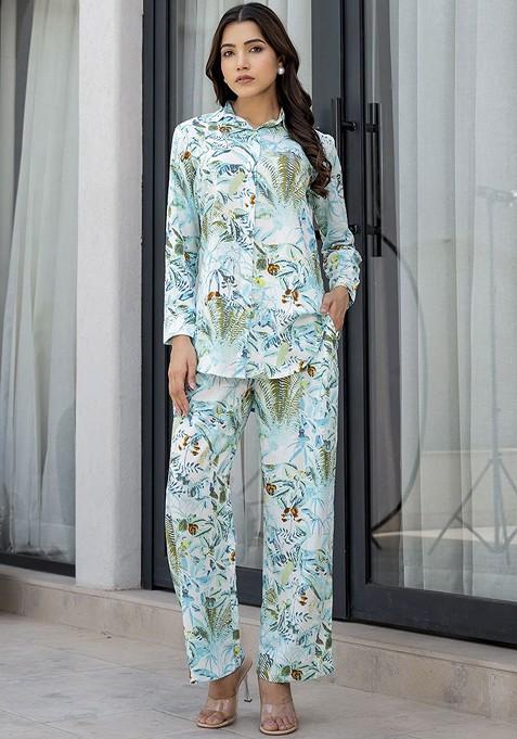 Sea Green Printed Shirt Collar Neck Shirt With Trousers Coords