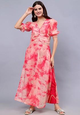 Peach Tie Dye Print Silk High Slits Top And Solid Trouser Co Ords Set