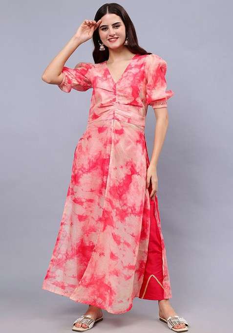 Peach Tie Dye Print Silk High Slits Top And Solid Trouser Co Ords Set