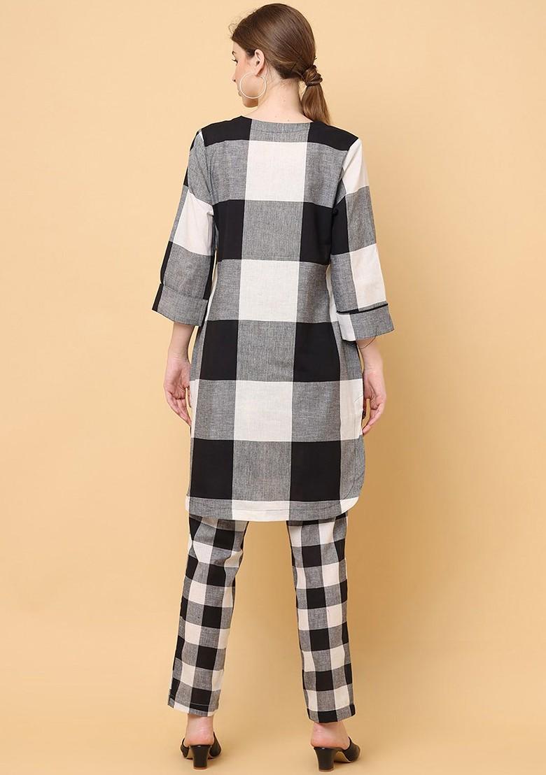 Black Checked Pure Cotton Tunic With Trousers Coords - Indya
