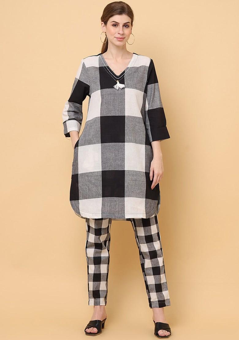 Black Checked Pure Cotton Tunic With Trousers Coords - Indya