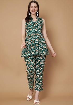 Green Printed Vneck Sleeveless Pure Cotton Tunic With Trouser