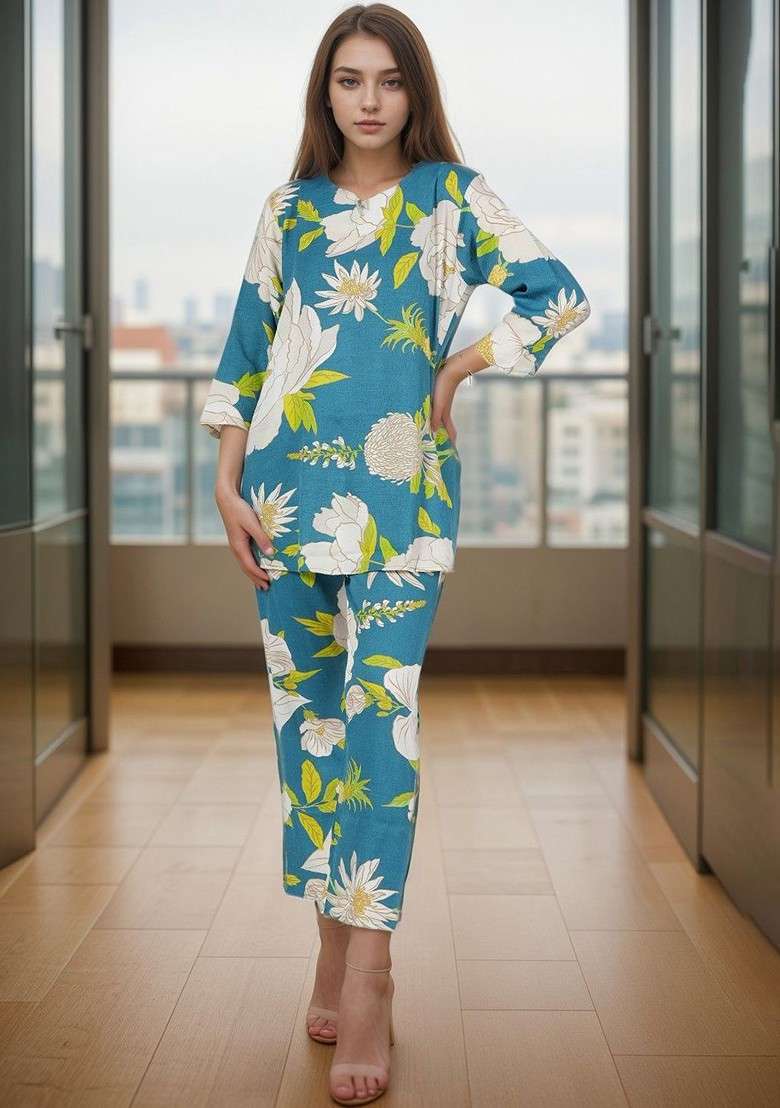 Blue Floral Printed Botch Neck Tunic And Trousers - Indya