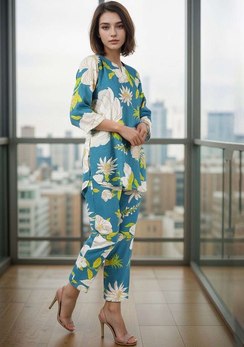 Blue Floral Printed Botch Neck Tunic And Trousers - Indya