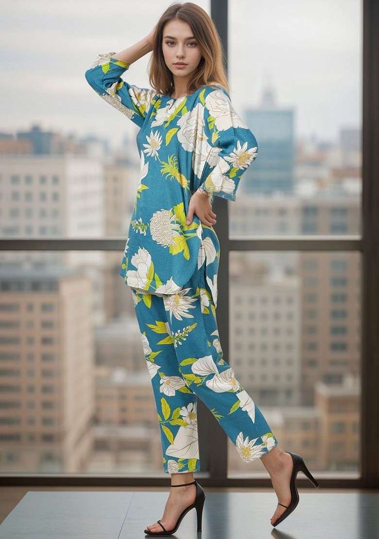 Blue Floral Printed Botch Neck Tunic And Trousers - Indya