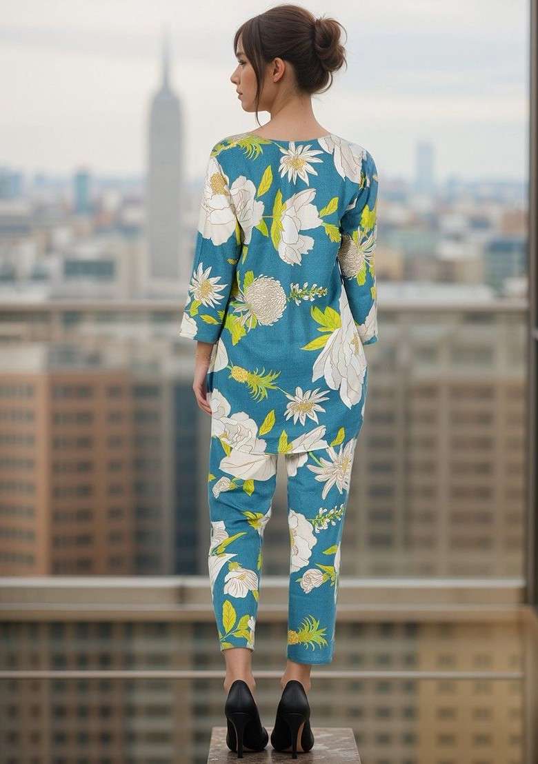 Blue Floral Printed Botch Neck Tunic And Trousers - Indya