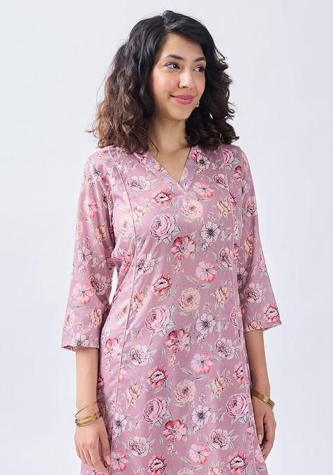 Pink Printed Vneck Tunic With Palazzo