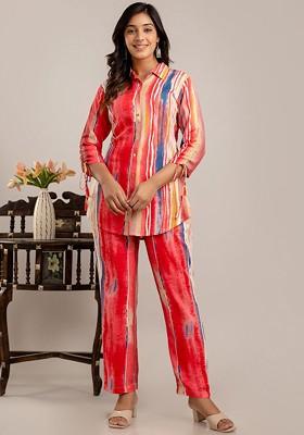 Red Printed Tieup Sleeves Shirt With Trousers