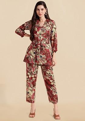 Maroon Floral Printed Tunic And Trousers Coords