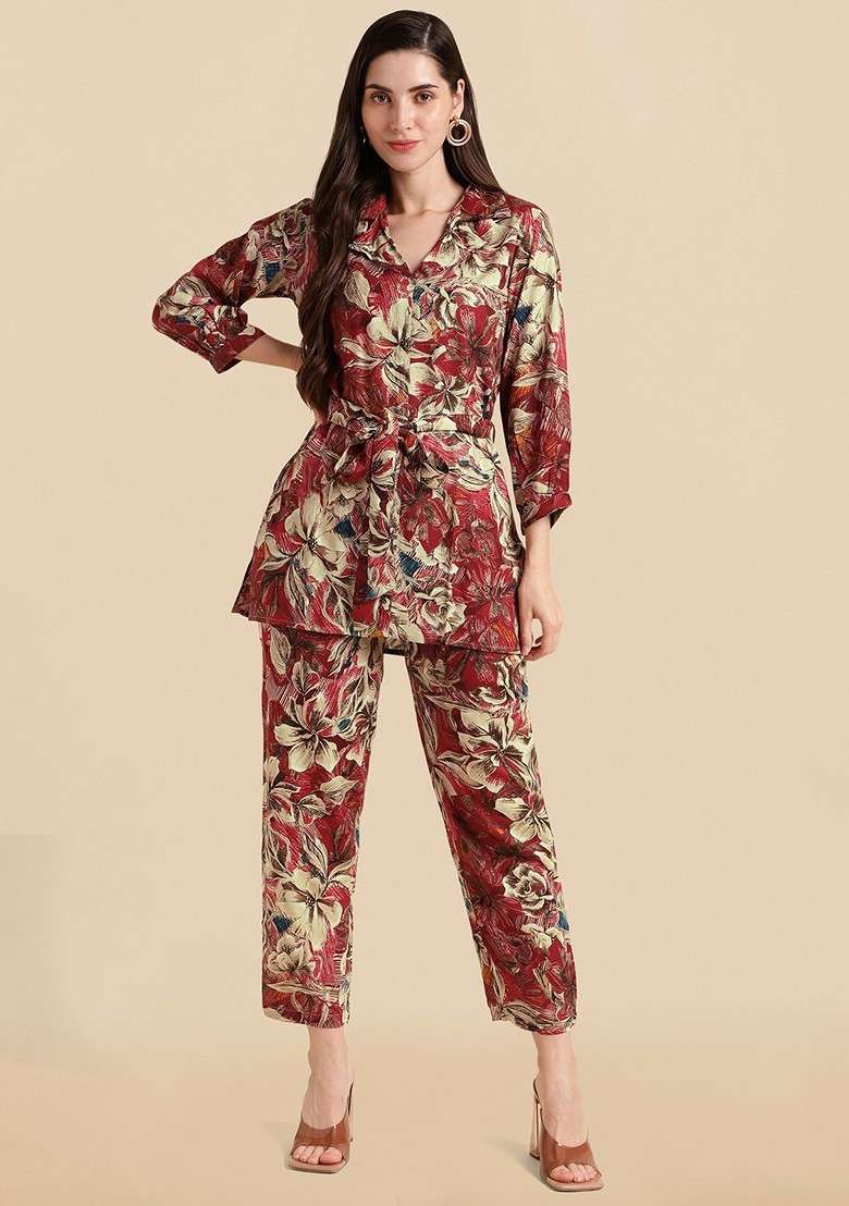 Maroon Floral Printed Tunic And Trousers Coords - Indya