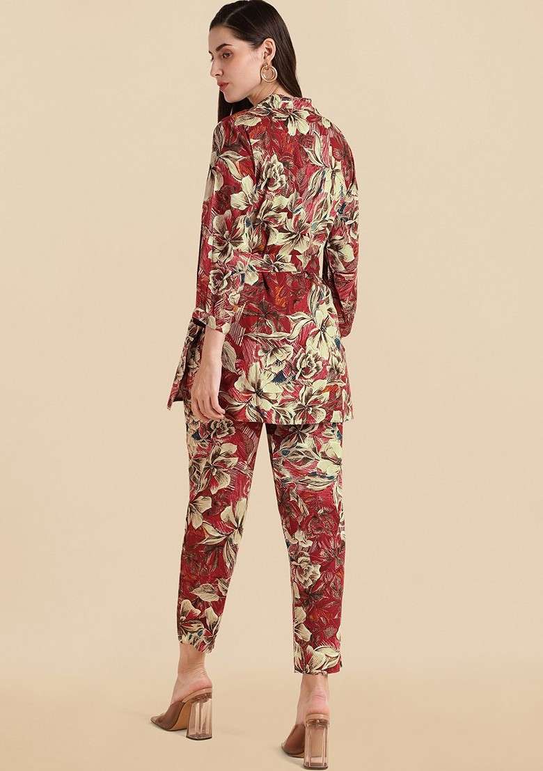 Maroon Floral Printed Tunic And Trousers Coords - Indya