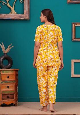 Yellow Floral Printed Notch Neck Pure Cotton Tunic And Trouser