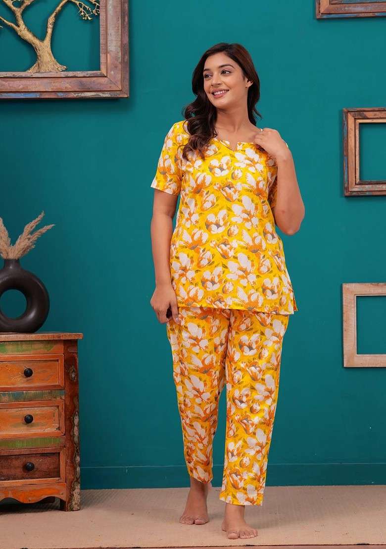 Yellow Floral Printed Notch Neck Pure Cotton Tunic And Trouser - Indya