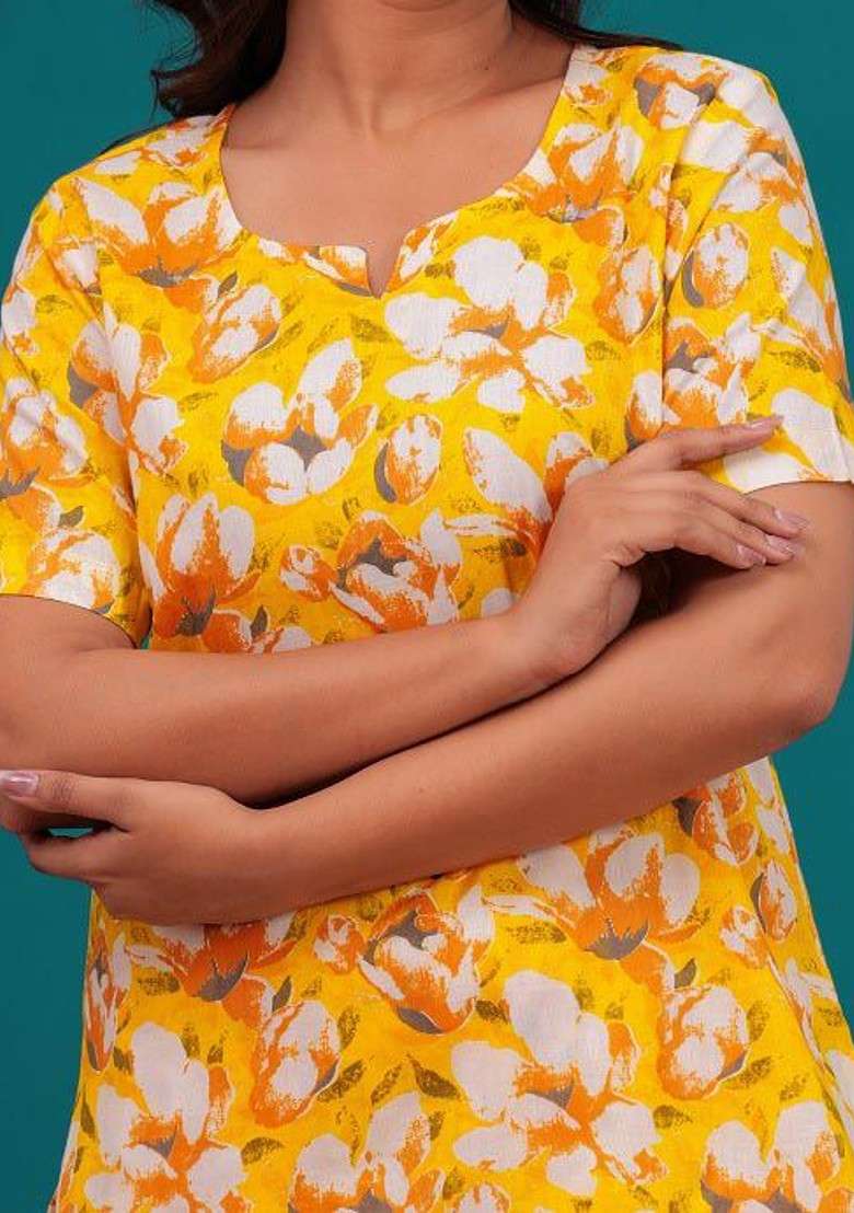 Yellow Floral Printed Notch Neck Pure Cotton Tunic And Trouser - Indya