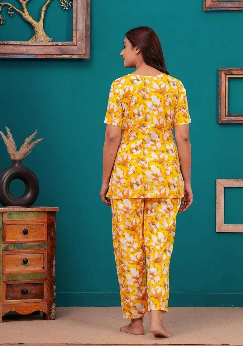 Yellow Floral Printed Notch Neck Pure Cotton Tunic And Trouser - Indya