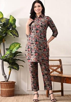 Grey Floral Printed Shirt Collar Pure Cotton Straight Tunic With Trouser