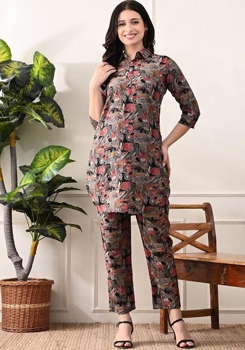 Grey Floral Printed Shirt Collar Pure Cotton Straight Tunic With Trouser