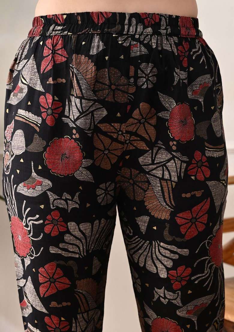 Black Floral Printed Shirt Collar Pure Cotton Straight Tunic With Trouser - Indya