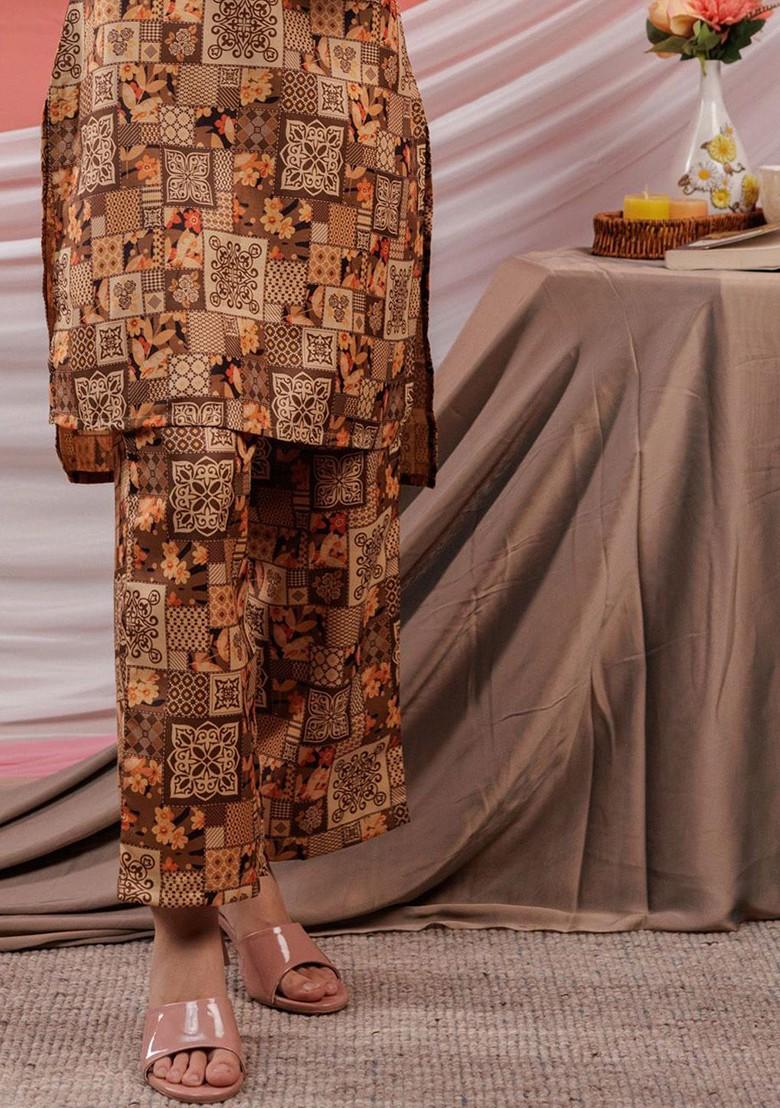 Brown Digital Printed Shirt Collar Pure Cotton Tunic With Palazzos